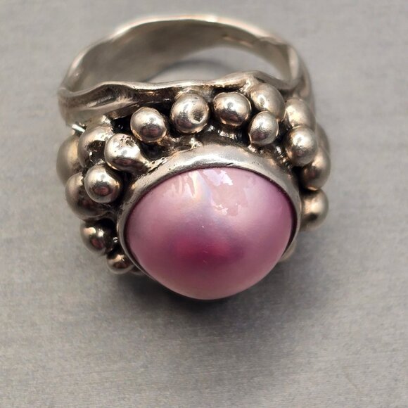 VTG Masha Archer Sterling Silver Pink Mabe Pearl Ring Size 7 Brutalist Statement - Picture 3 of 13